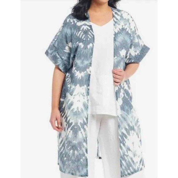 bryn Walker Jackets & Blazers - BRYN WALKER Ezra Printed Kimono Duster XL White Blue Lightweight Lagenlook Layer